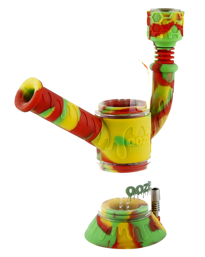 Front view of the Ooze “Cranium” Silicone 4-in-1 Glass Water Pipe, showcasing its colorful, sculpted design and glass bowl.
