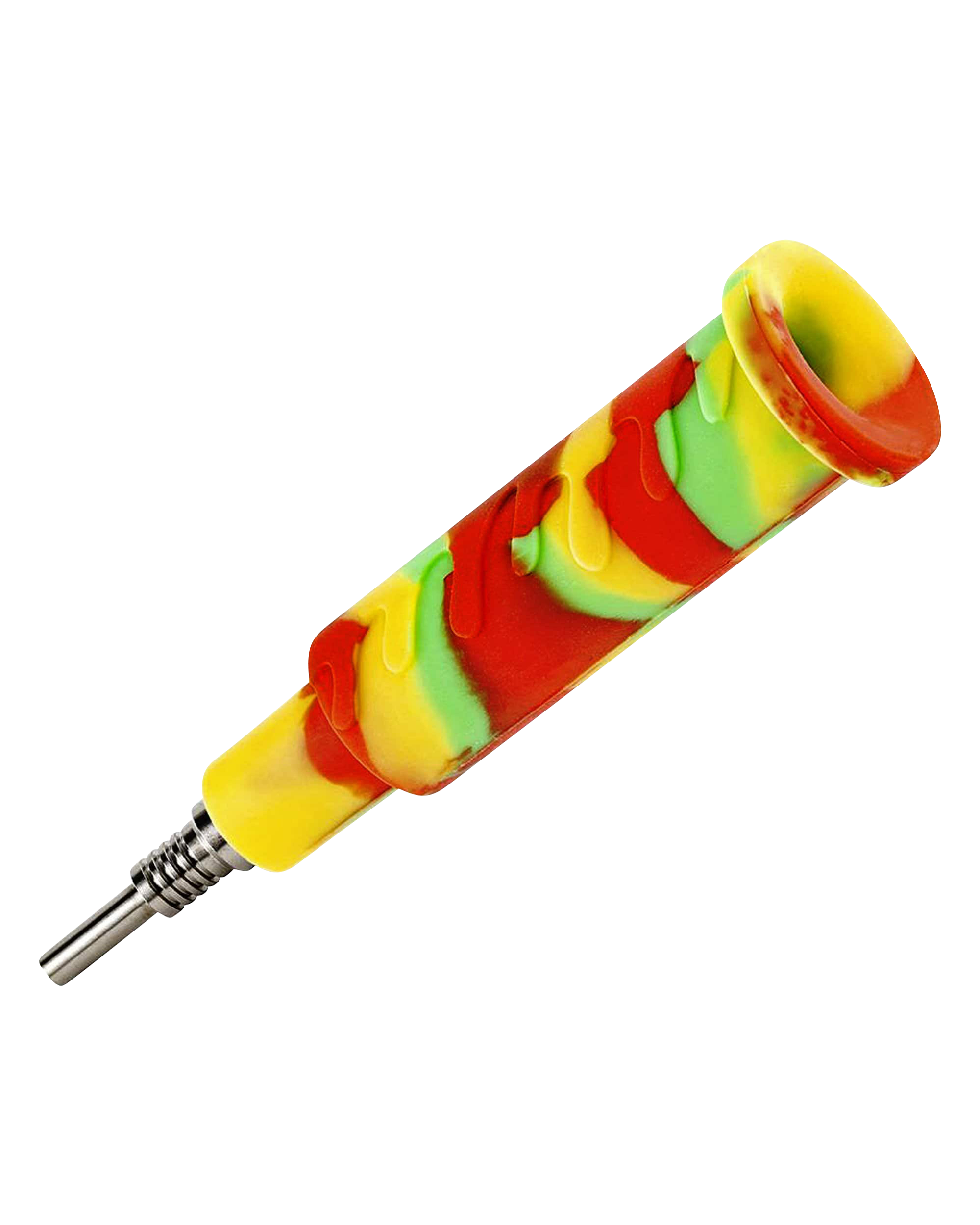 Front view of the Ooze "Cranium" Silicone 4-in-1 Glass Water Pipe with a colorful, patterned silicone grip.