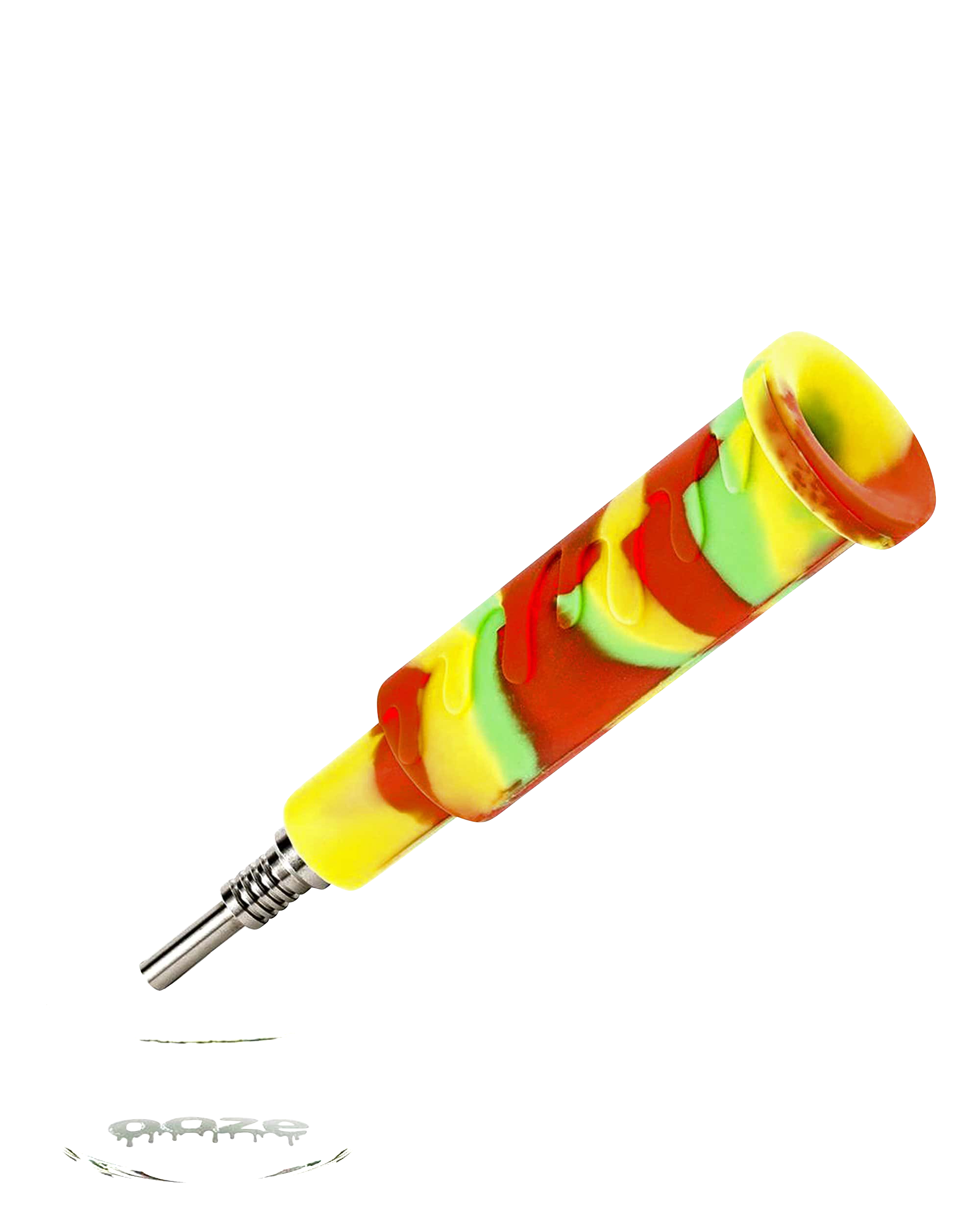 A diagonal view of the Ooze "Cranium" Silicone 4-in-1 Glass Water Pipe, showing its colorful, swirled silicone exterior.