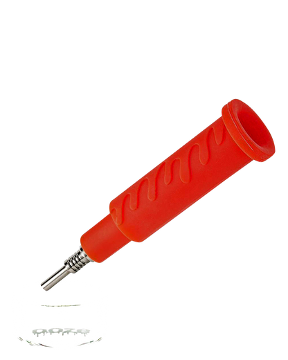 A studio shot of the Ooze "Cranium" Silicone 4-in-1 Glass Water Pipe, showcasing its red silicone grip and clear glass tube.