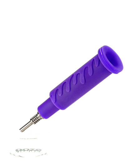 Close-up view of the Ooze “Cranium” Silicone 4-in-1 Glass Water Pipe, showcasing its purple silicone grip and glass joint.