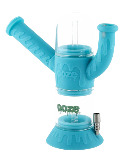 Front view of the Ooze "Cranium" Silicone 4-in-1 Glass Water Pipe, displaying a blue glass bowl and silicone accents.
