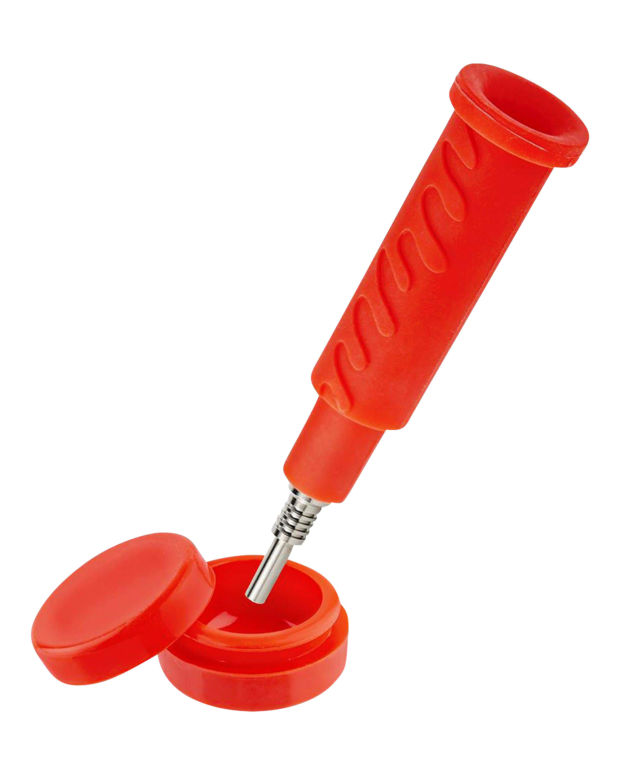 Front view of the Ooze "Cranium" Silicone 4-in-1 Glass Water Pipe with a red silicone base and a glass stem extending upwards.