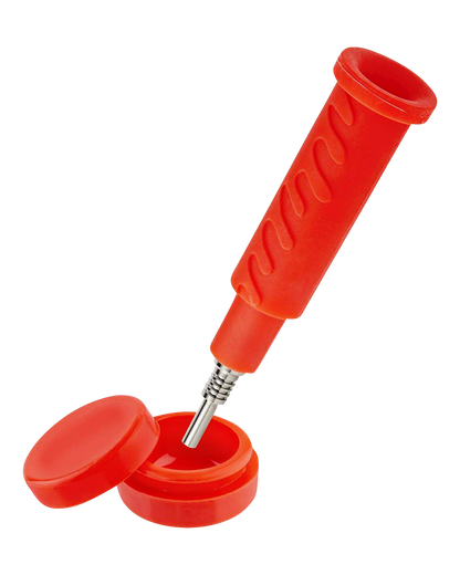 Front view of the Ooze "Cranium" Silicone 4-in-1 Glass Water Pipe with a red silicone base and a glass stem extending upwards.