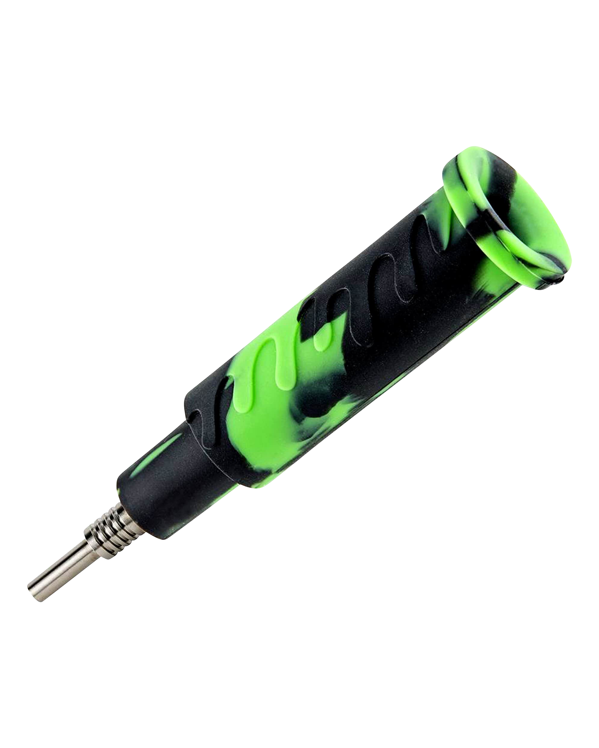 A close-up, angled view of the Ooze "Cranium" Silicone 4-in-1 Glass Water Pipe, showing its textured, dark and light green silicone grip.