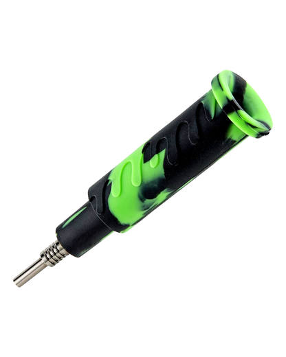 A close-up, angled view of the Ooze "Cranium" Silicone 4-in-1 Glass Water Pipe, showing its textured, dark and light green silicone grip.