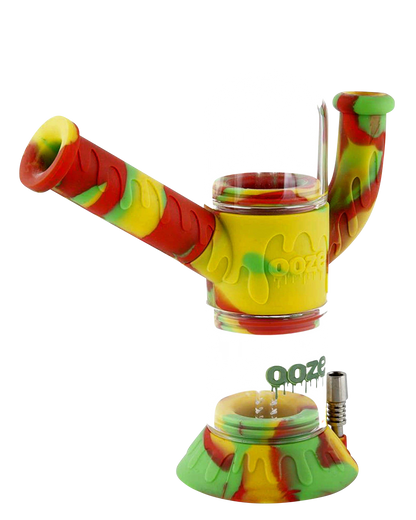Front view of the Ooze "Cranium" Silicone 4-in-1 Glass Water Pipe, showcasing its colorful, patterned design and glass joint.
