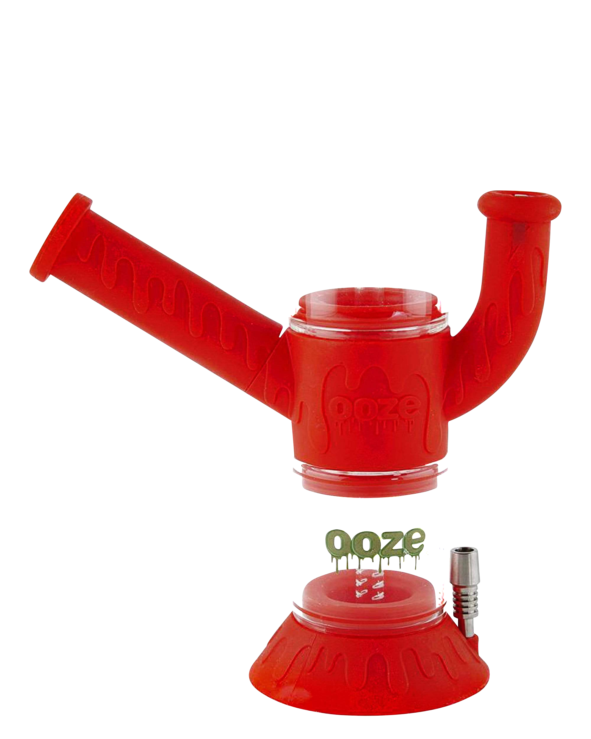 A studio shot of the Ooze "Cranium" Silicone 4-in-1 Glass Water Pipe, displaying its colorful, patterned silicone wrap around a clear glass tube.