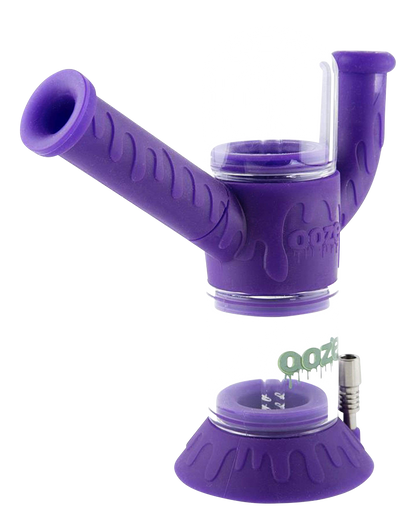 A front view of the Ooze "Cranium" Silicone 4-in-1 Glass Water Pipe with a purple grip and clear glass bowl.
