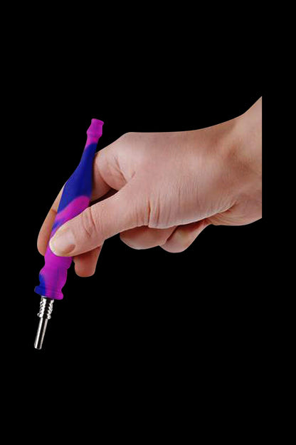 A hand holds the Ooze Slugger Dabbin Dugout, displaying its colorful, textured design in a close-up shot.