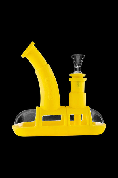 A front view of the Ooze Steamboat Silicone Bubbler Boat Bong, showcasing its smooth, curved design in a vibrant yellow hue.