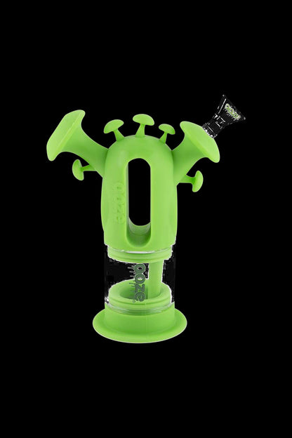 Front view of the Ooze “Trip” Silicone Bubbler, a vibrant green, compact water pipe with a unique, textured design.
