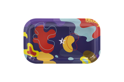 Front view of the Famous Brandz "Papaya" Rolling Tray, displaying a colorful, abstract design on a flat, rectangular surface.