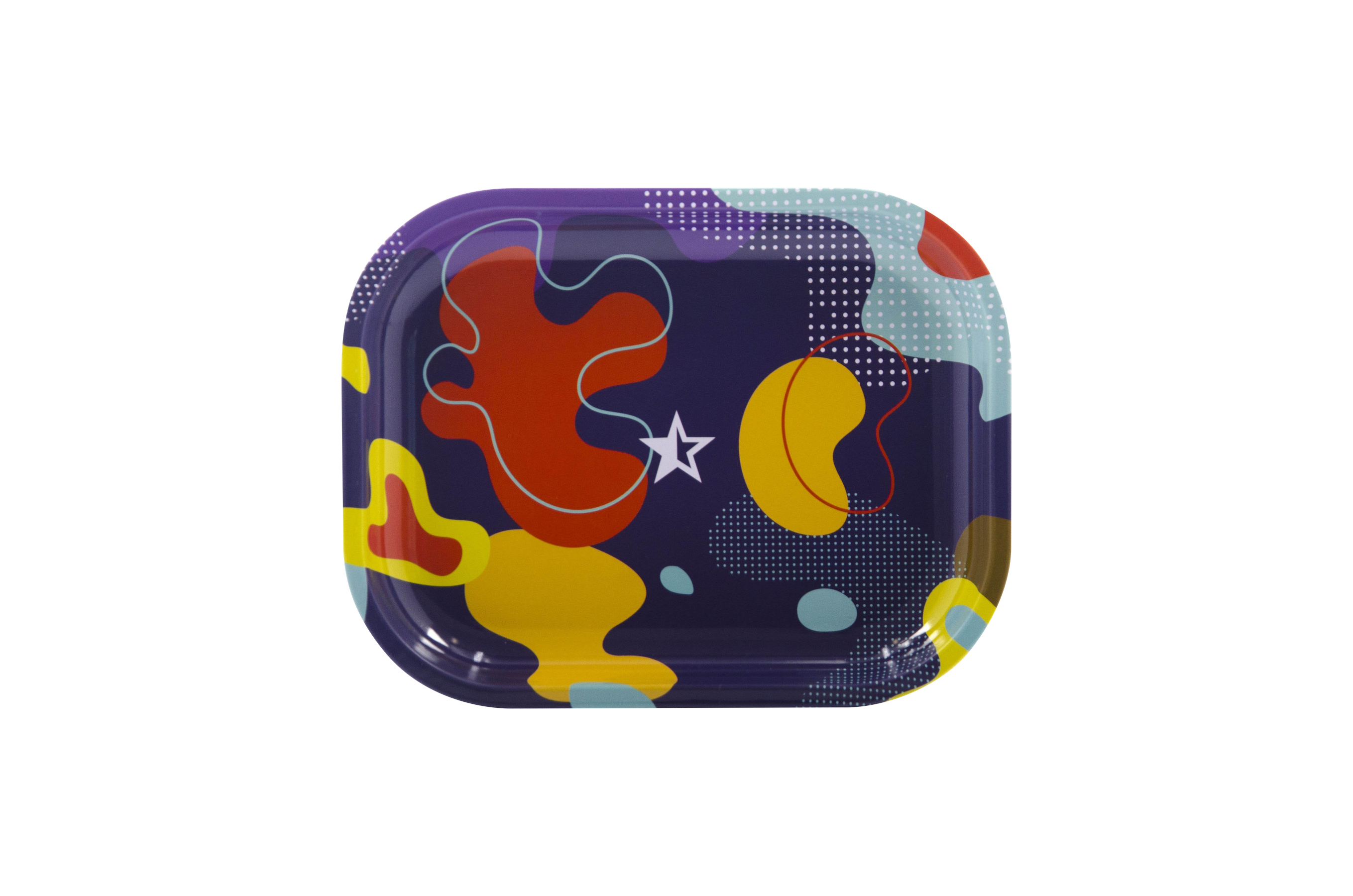 Overhead view of the Famous Brandz "Papaya" Rolling Tray, displaying a colorful, patterned surface with a smooth, rectangular shape.