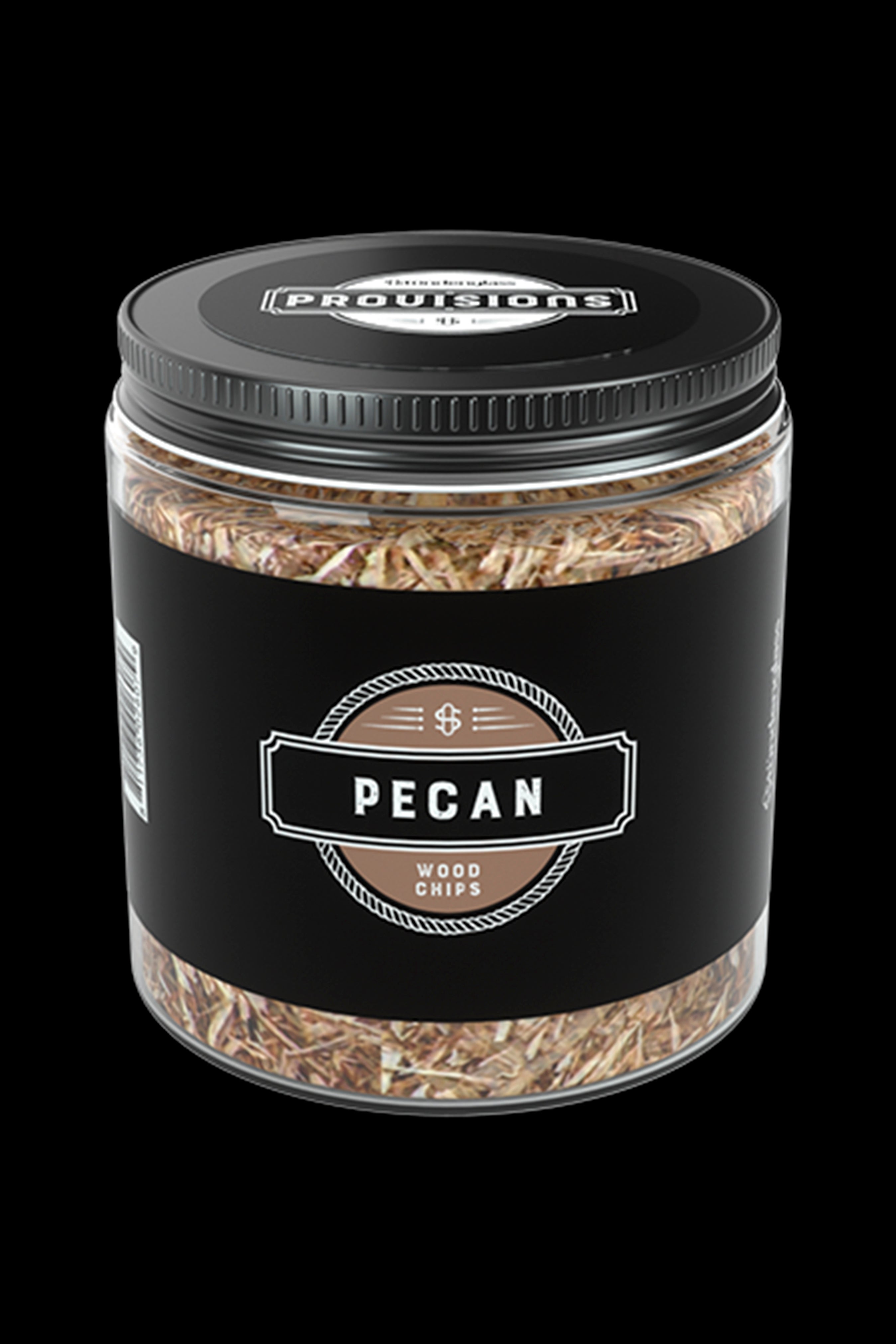 Glass jar filled with pecan wood chips, branded with a cannabis leaf-themed logo.