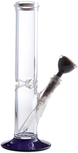Front view of the Piece Water - Bong Water Replacement, a clear glass water pipe with a dark blue base.