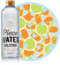 A vibrant, patterned backdrop showcases the Piece Water - Bong Water Replacement, presented in a clear bottle with a silver cap.