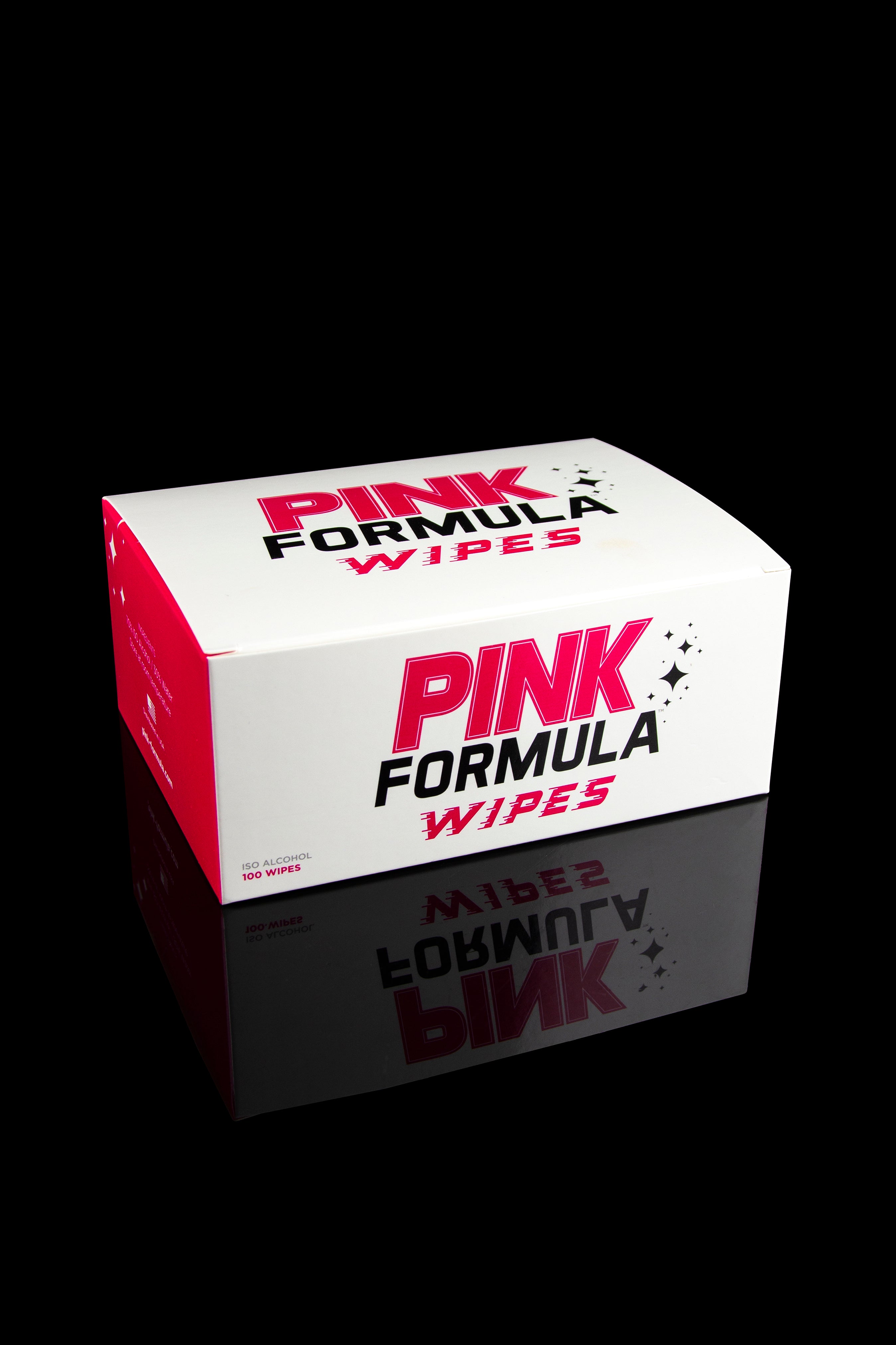 Front view of the Pink Formula XL ISO Wipes box, displaying the brand name and product details on a black surface.