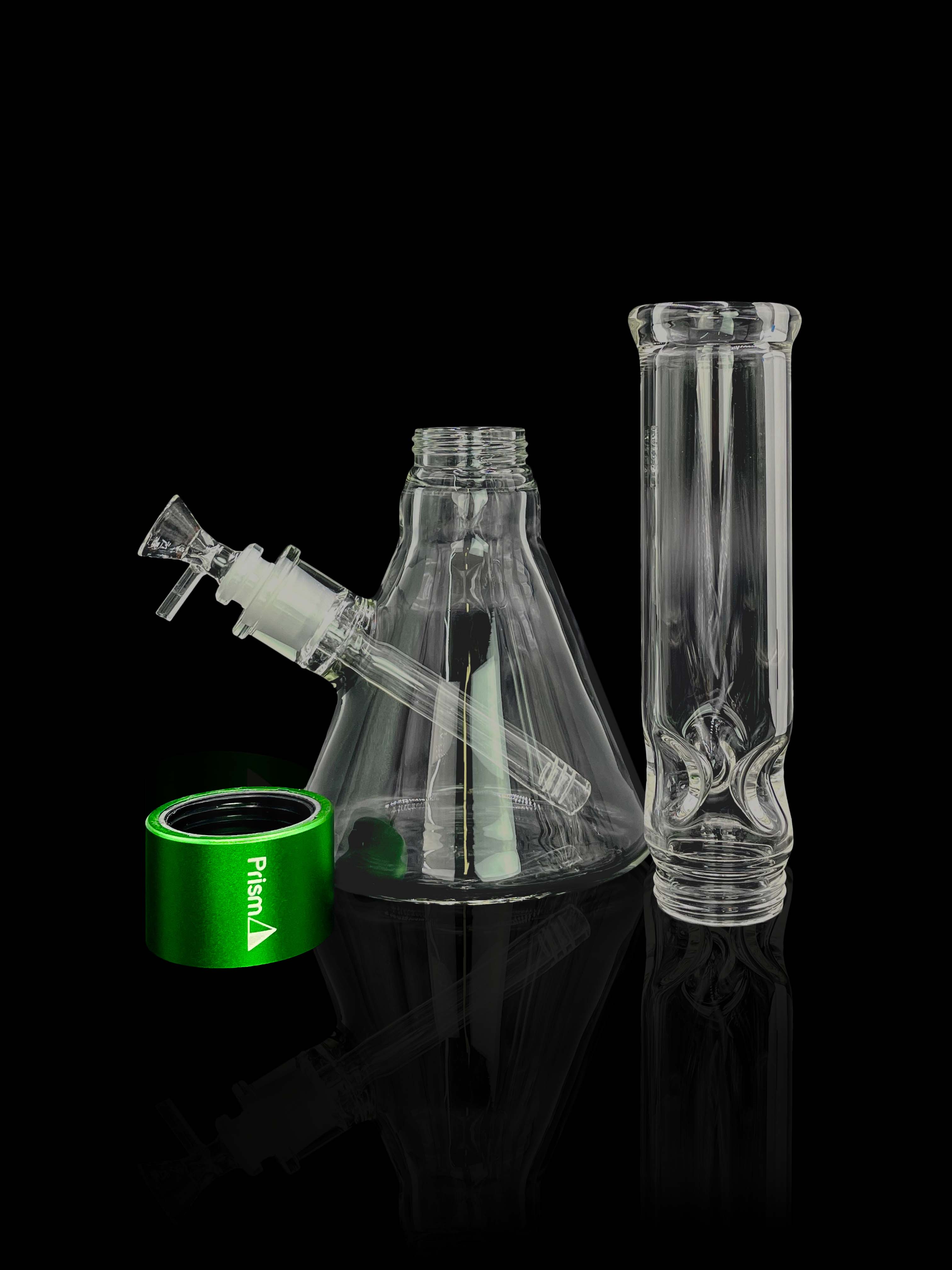 A front view of the Prism Water Pipes Starter Kit, showcasing the clear glass pipe against a dark background.