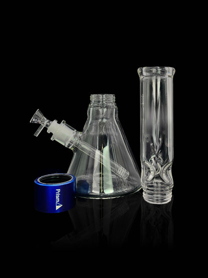 A front view of the Prism Water Pipes Starter Kit, featuring a clear glass water pipe with a blue accent base on a black surface.