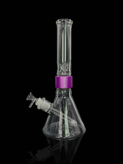 Front view of the Prism Water Pipes Starter Kit, a clear glass water pipe with a purple accent and ice catcher.