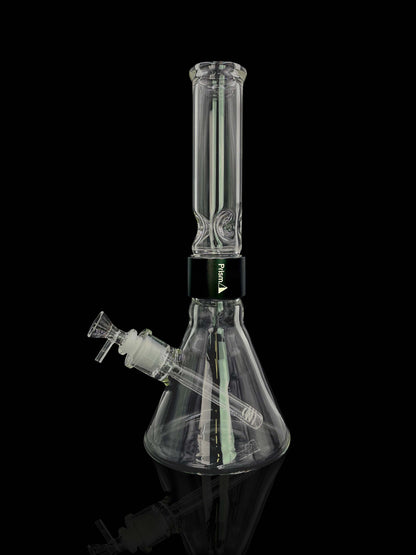 A front view of the Prism Water Pipes Starter Kit, showcasing the clear glass water pipe against a dark backdrop.