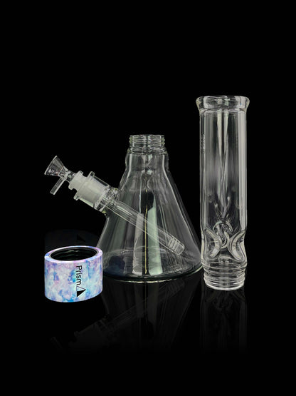 A front view of the Prism Water Pipes Starter Kit, showcasing the clear glass pipe with a smooth, curved neck design.