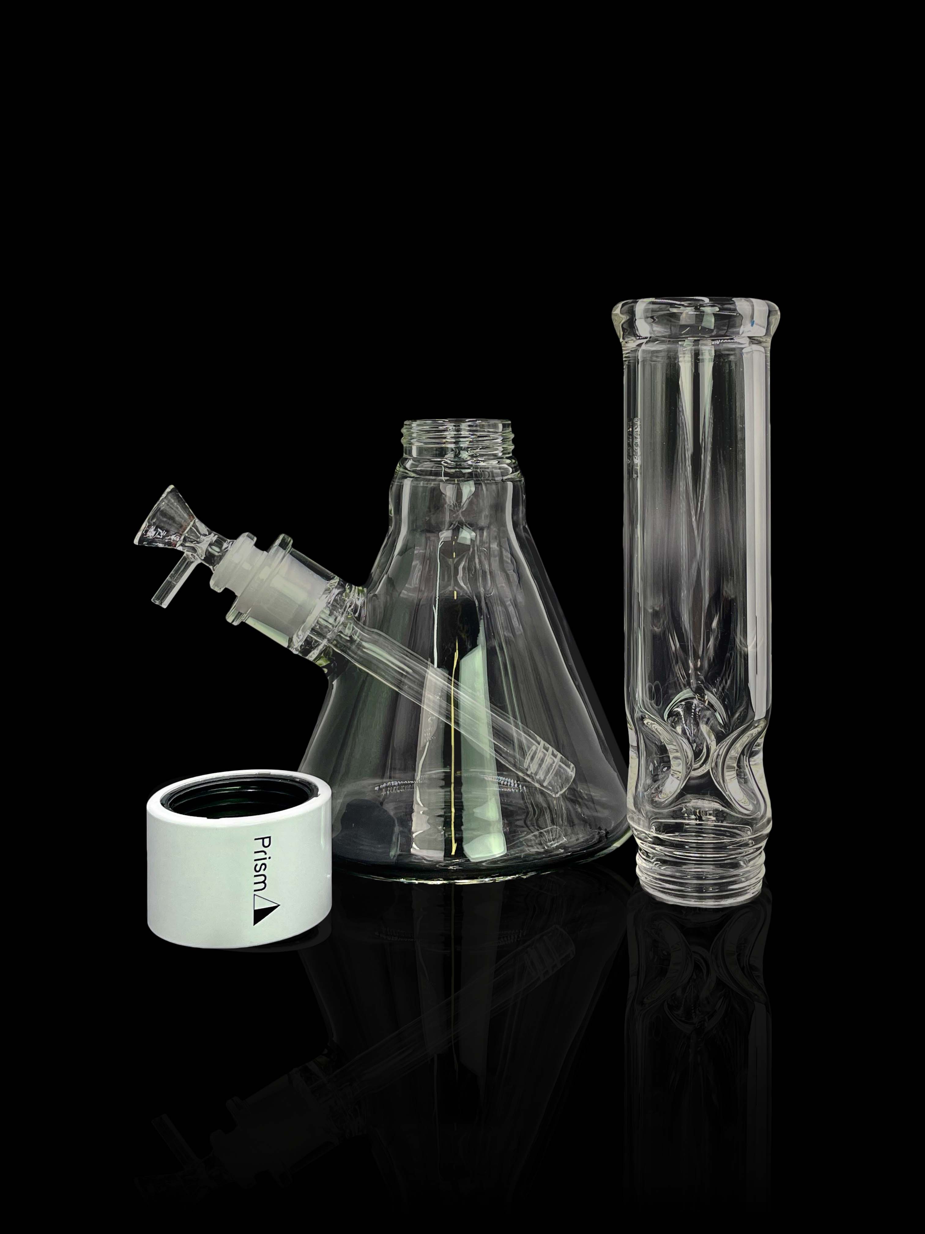 A front view of the Prism Water Pipes Starter Kit, showcasing the clear glass beaker with a simple, streamlined design.