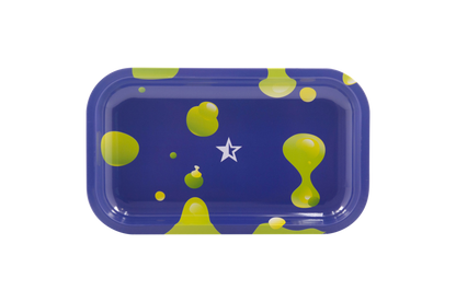 A top-down view of the Famous Brandz "Privilege" Rolling Tray with a blue background and scattered, colorful droplets.