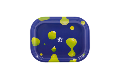 Overhead view of the Famous Brandz "Privilege" Rolling Tray, displaying a vibrant design of scattered, colorful dots against a deep blue background.
