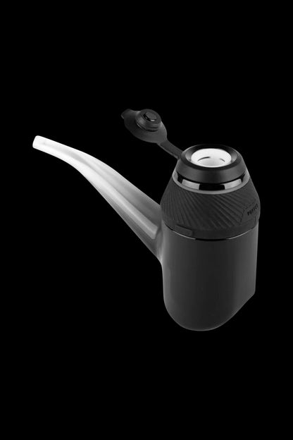 Black electronic dab rig with a glass mouthpiece.