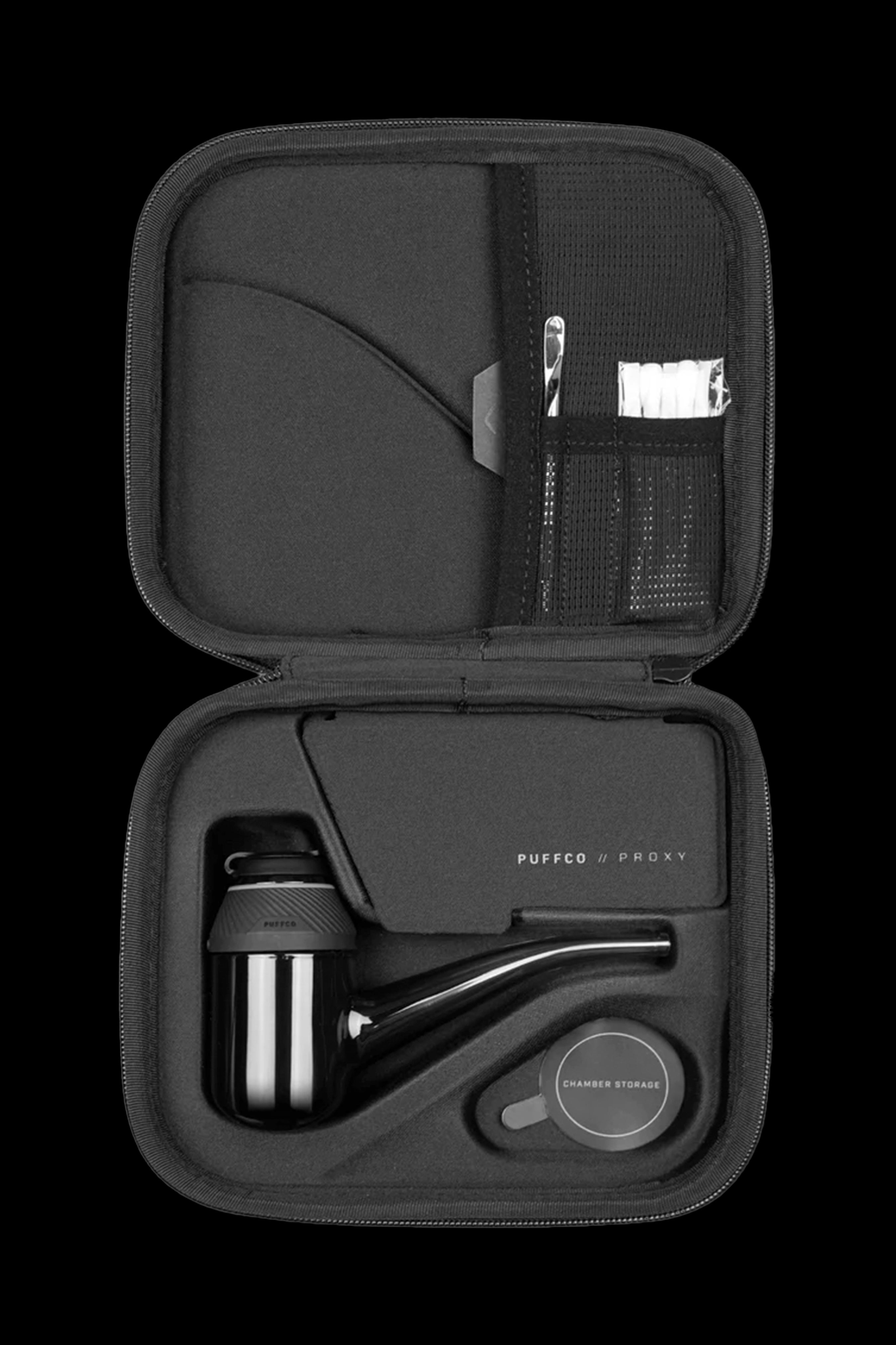 Black carrying case open, displaying a Puffco Proxy cannabis vaporizer and accessories.