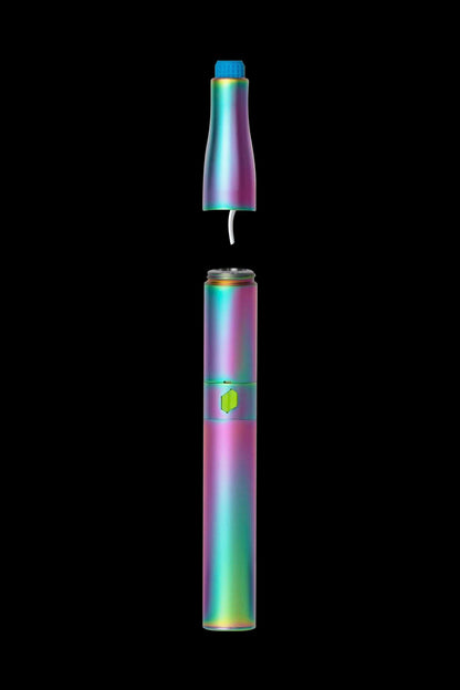 Iridescent cannabis vape pen disassembled, showing mouthpiece and battery.