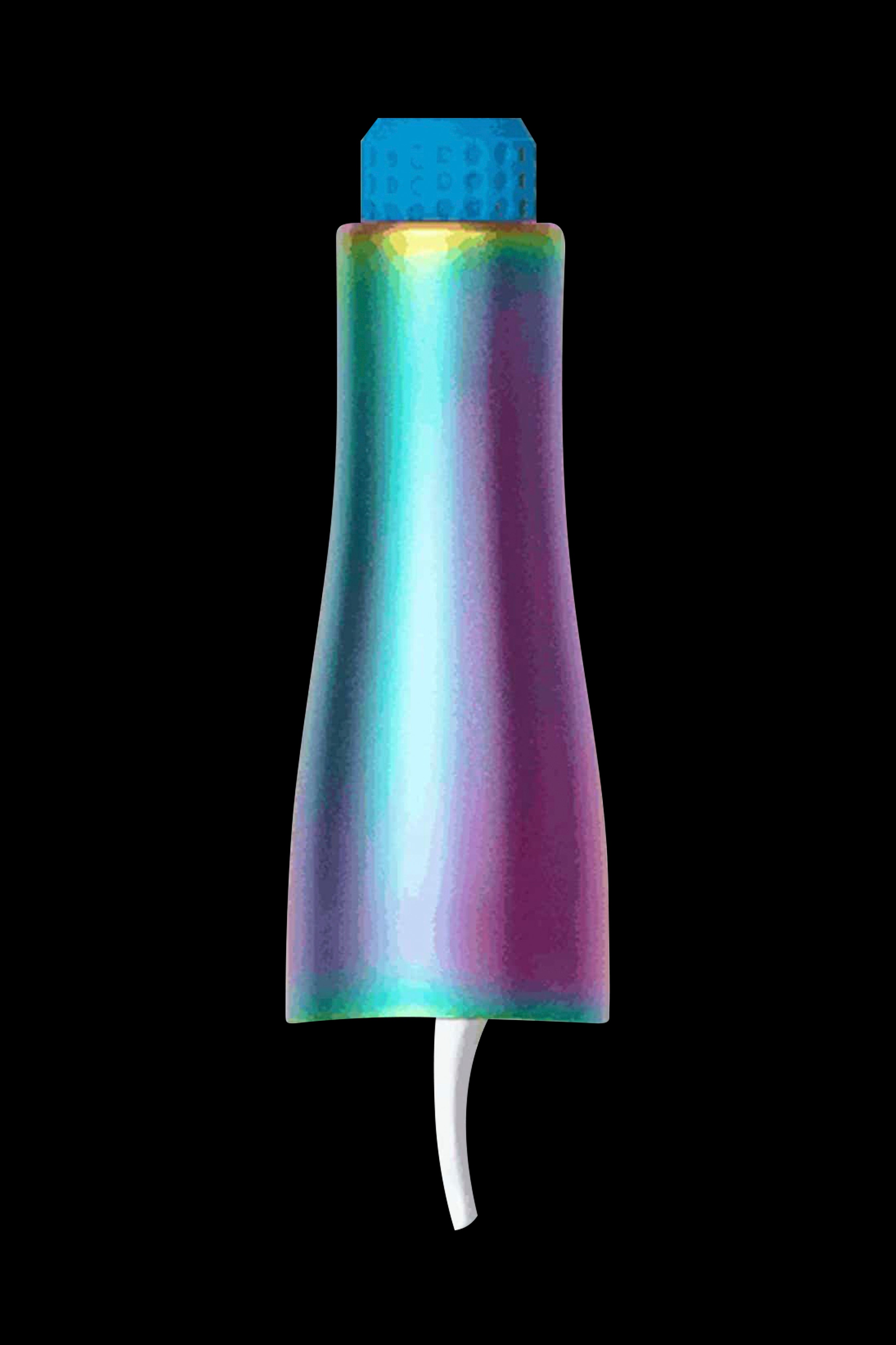 Iridescent cannabis vape pen against a black background.