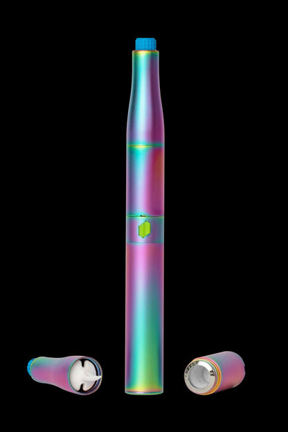 Iridescent cannabis vaporizer pen with disassembled components on a black background.