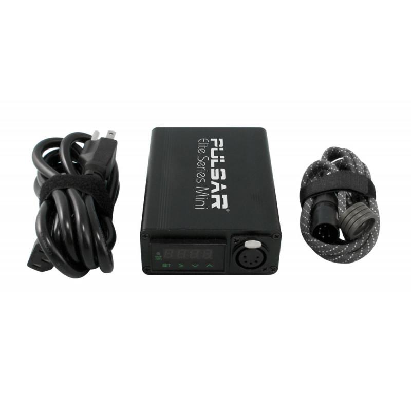 A slightly angled, close-up shot of the Pulsar "Elite Series" Mini eNail Kit with Universal Nail, showcasing its black casing and attached power cord.