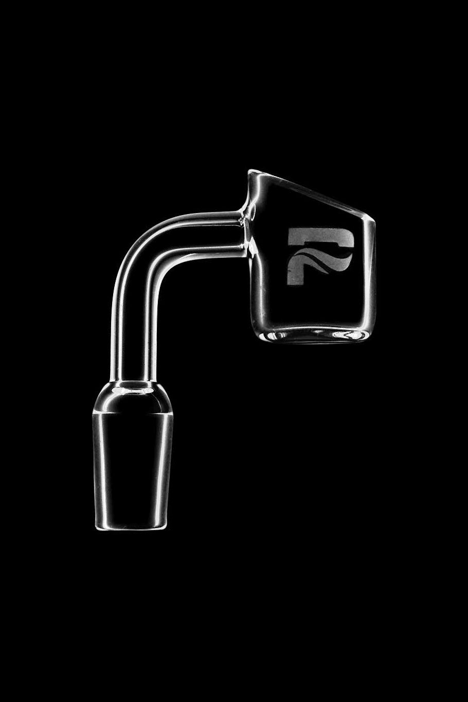 Clear quartz banger for vaporizing cannabis concentrates, displayed against a black background.