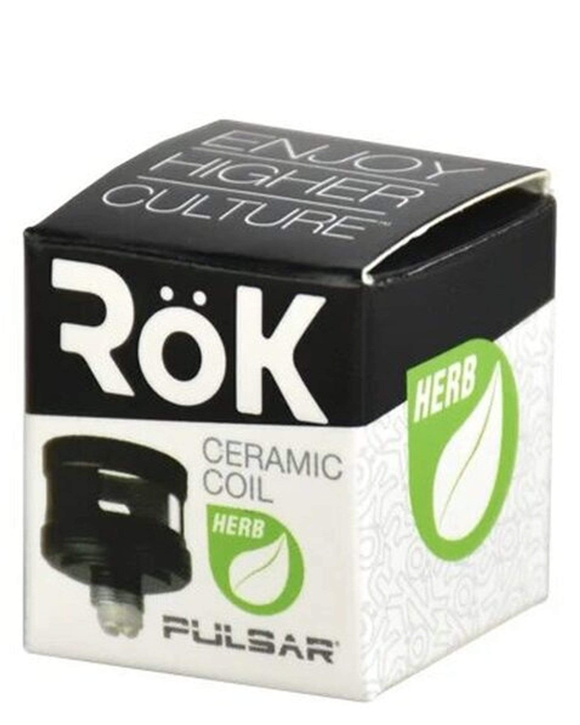 Pulsar RöK ceramic coil for vaporizing herbs, packaged in a white box with green leaf graphics.