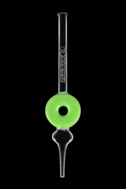 Green and clear glass dab tool with a rounded, circular mouthpiece.