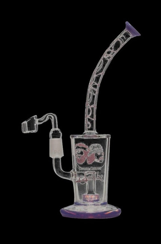 Front view of the Cheech & Chong "Maui Waui" Dab Rig, featuring a purple-rimmed glass piece with a curved neck and visible joint.