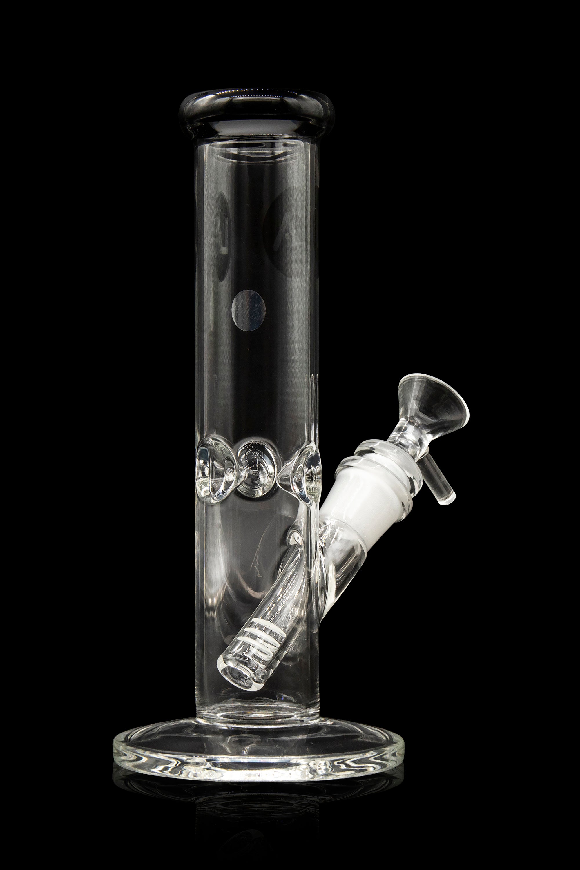 Clear glass water pipe (bong) with ice catcher and removable downstem, isolated on a black background.