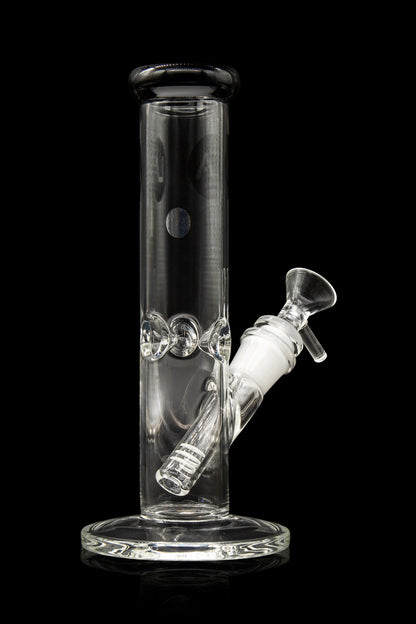 Clear glass water pipe (bong) with ice catcher and removable downstem, isolated on a black background.