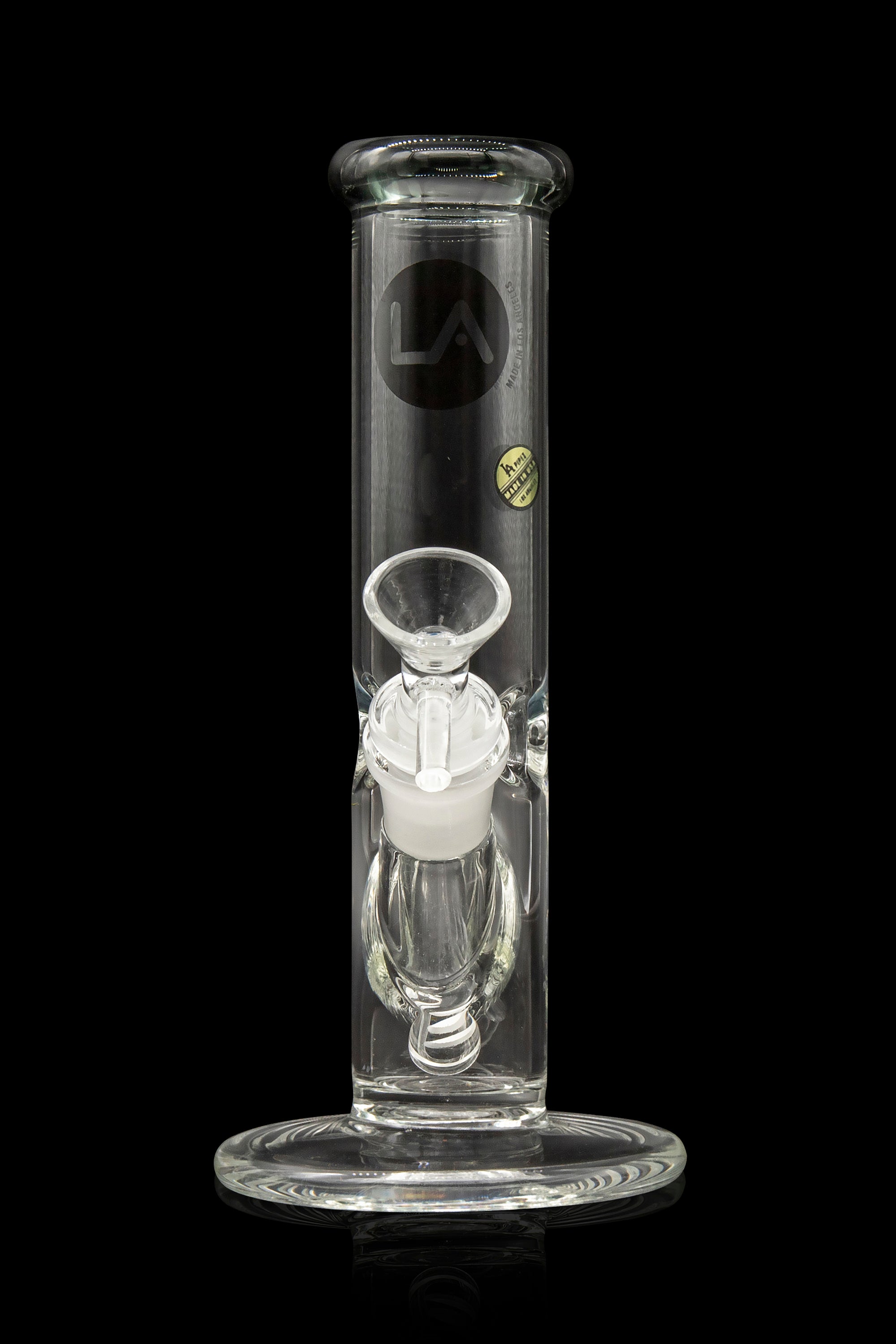 Clear glass water pipe (bong) with ice catcher and branded logo.