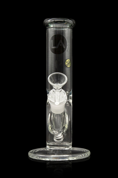 Clear glass water pipe (bong) with ice catcher and branded logo.