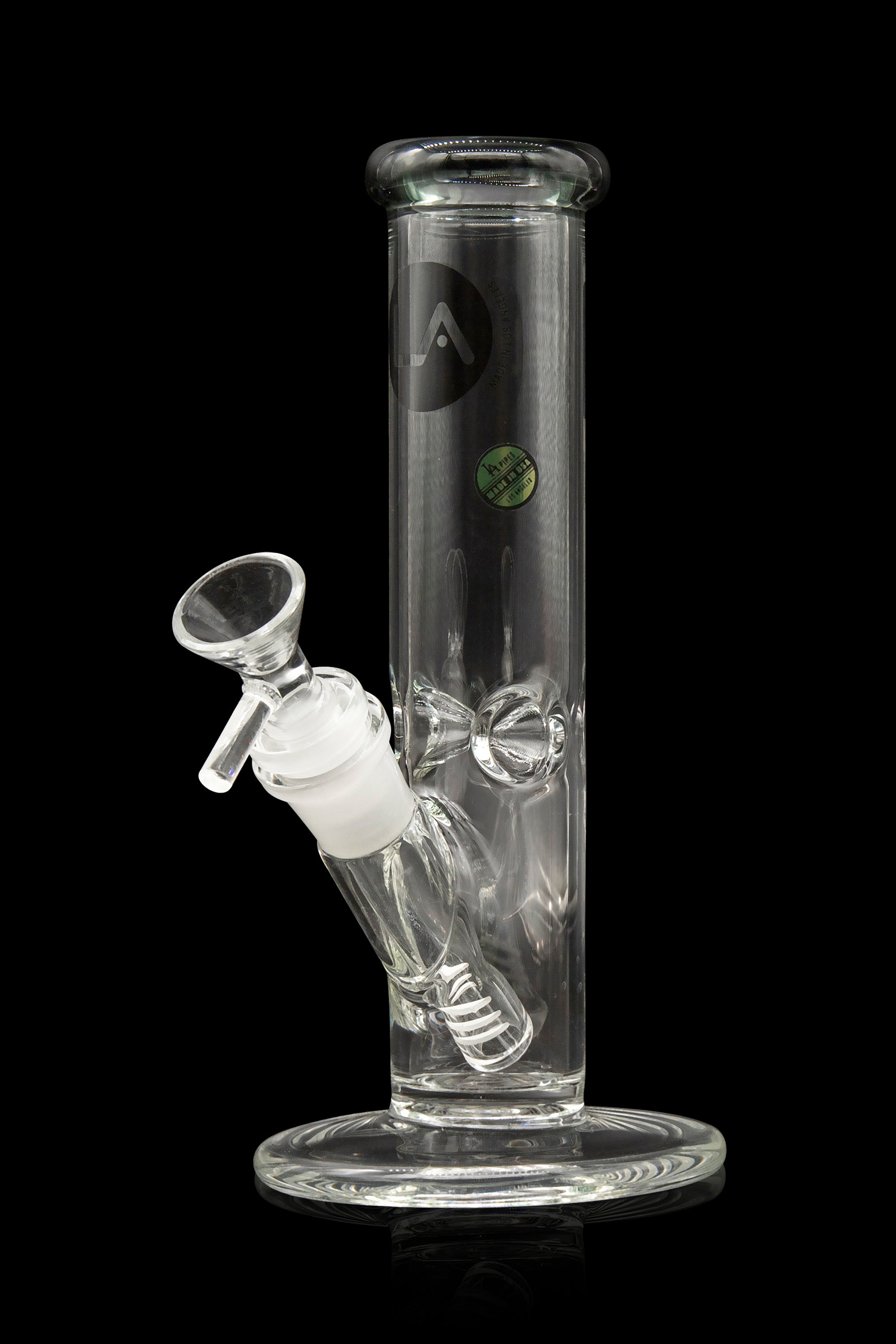 Clear glass bong with percolators, against a black background.