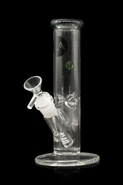 Clear glass bong with percolators, against a black background.