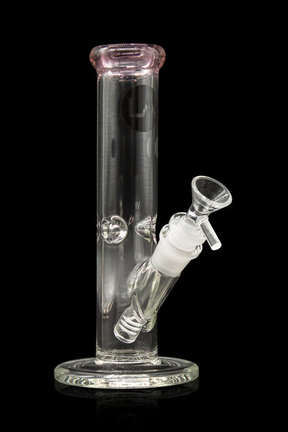Clear glass bong with pink accents and ice catcher.