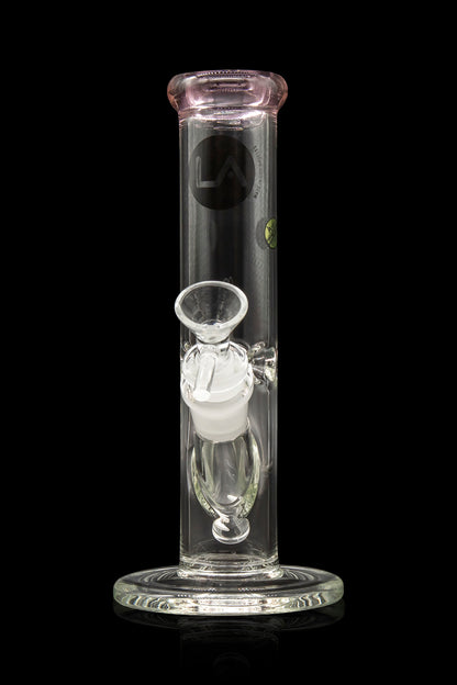 Clear glass bong with pink accents and a glass bowl insert, studio shot on a black background.
