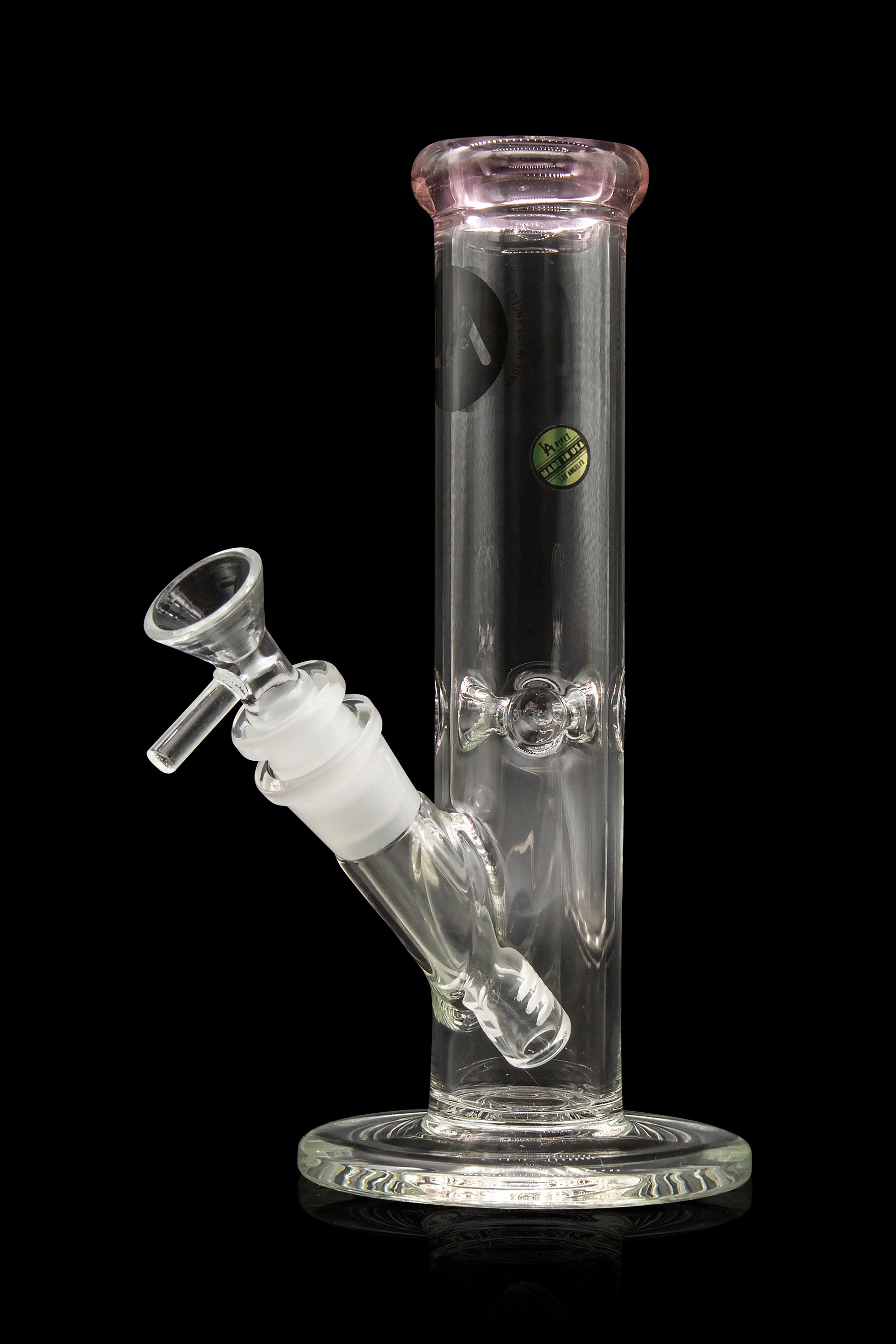 Clear glass water pipe (bong) with a removable glass bowl, isolated on a black background.