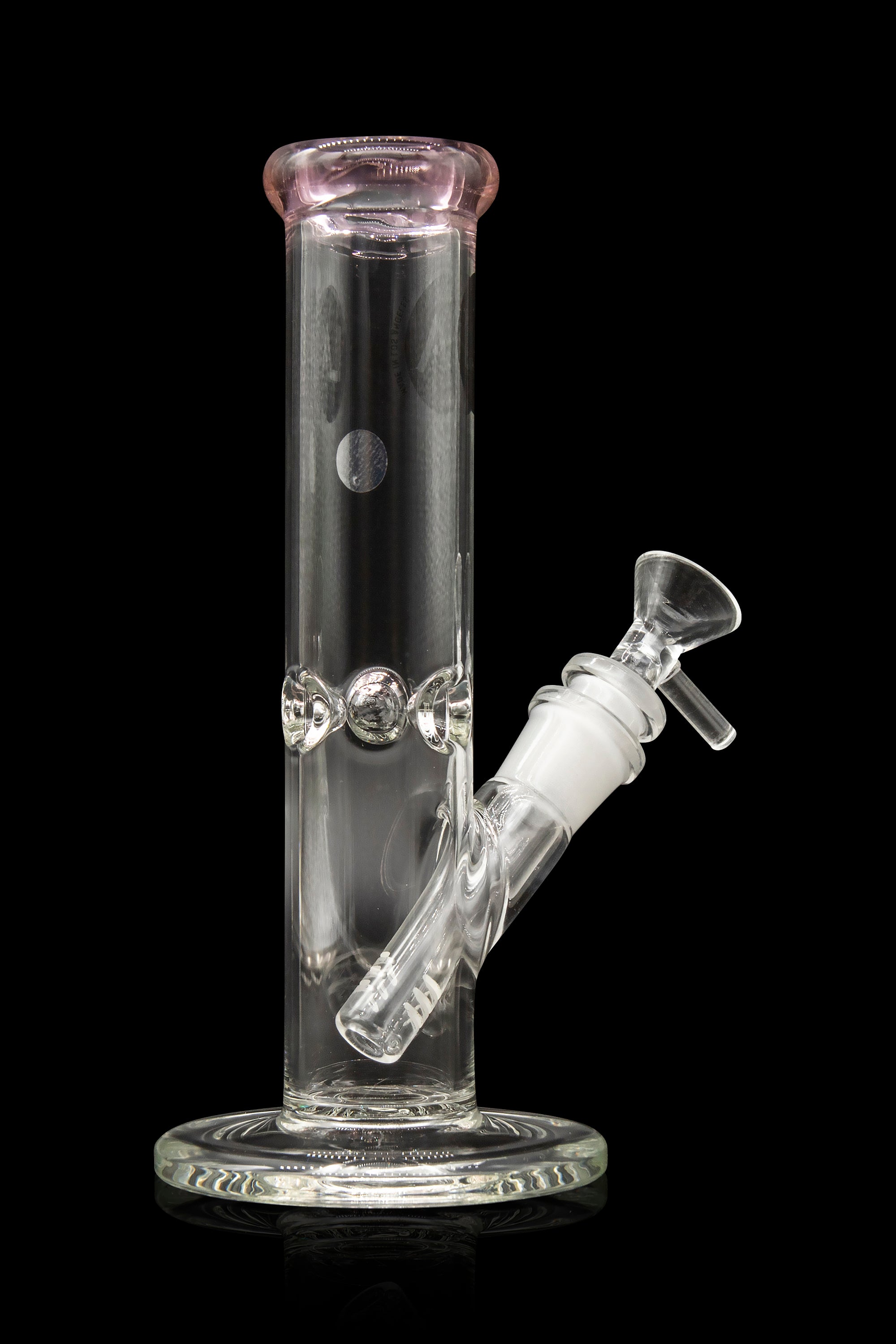 Clear glass bong with bubbler and removable bowl, isolated on black.